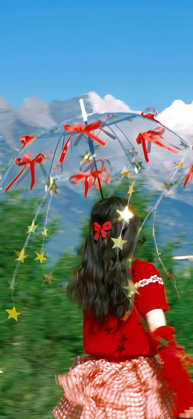 少女红裙撑伞山林背景梦幻人像手机壁纸