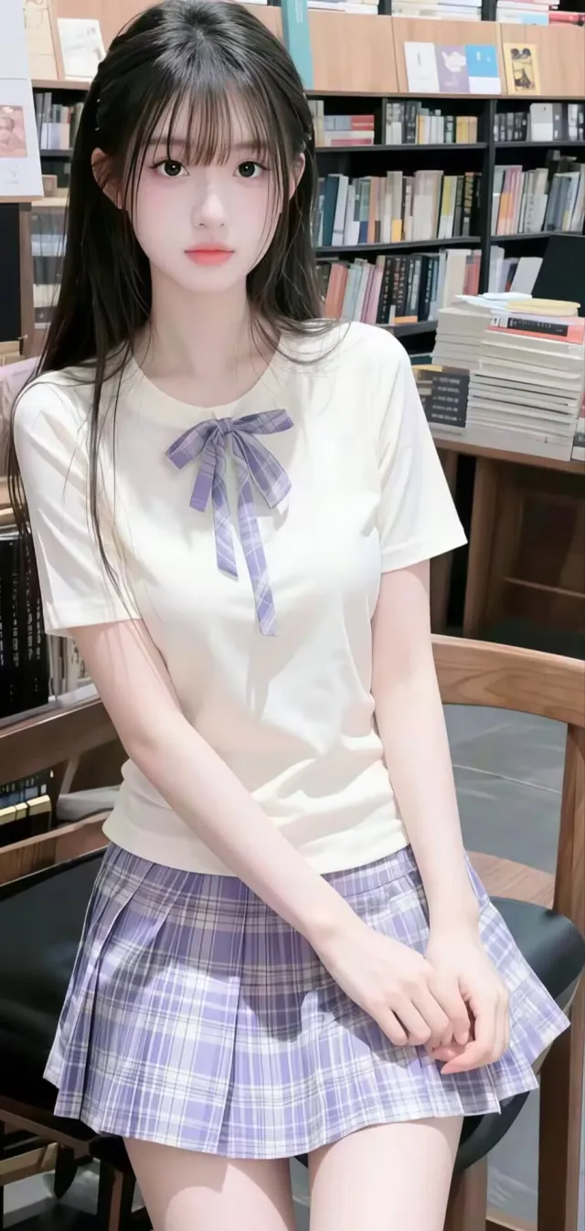 米白T恤紫格百褶裙美女坐于书架前美女手机壁纸