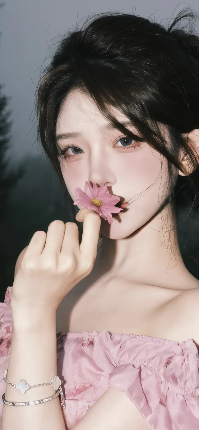 粉色连衣裙少女手持粉花遮唇写真手机壁纸
