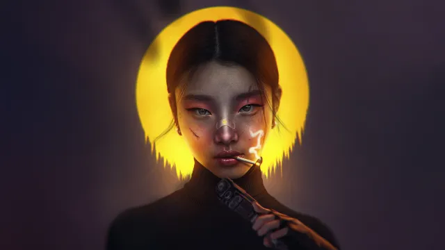 暗黑系美女持枪黄月背景烟雾缭绕人物摄影电脑壁纸
