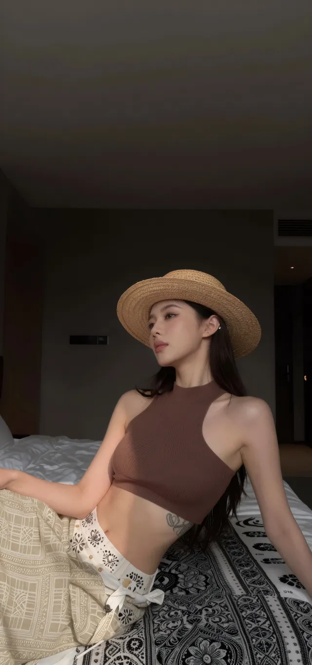 草帽美女室内侧颜慵懒风人像手机壁纸
