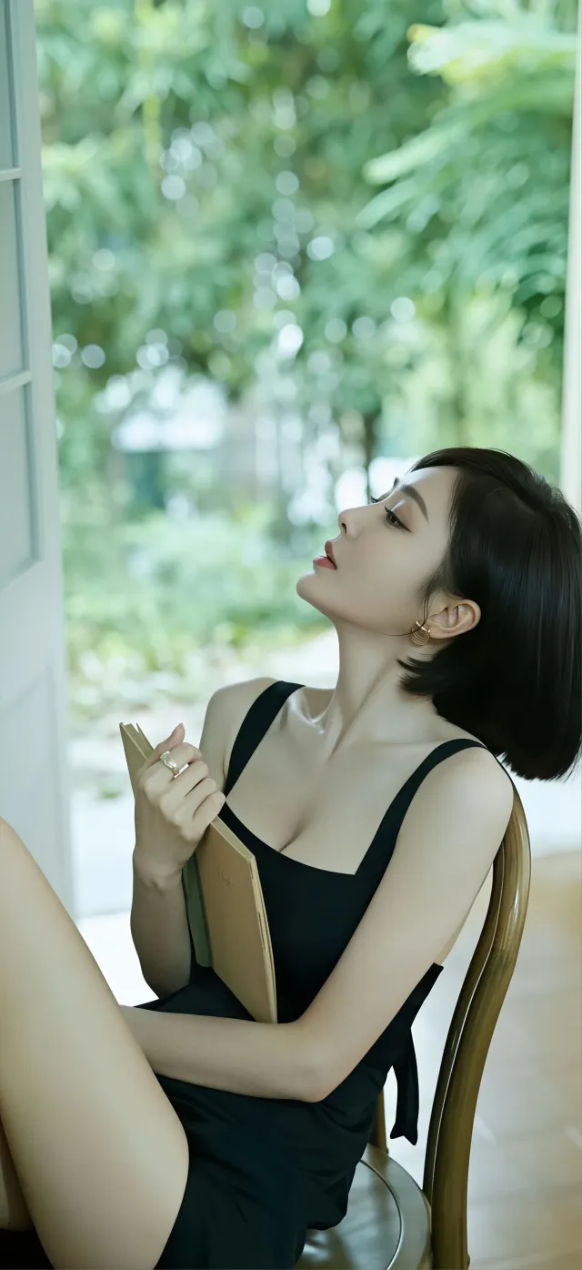 黑发女性黑色吊带裙窗边阅读写真人物手机壁纸