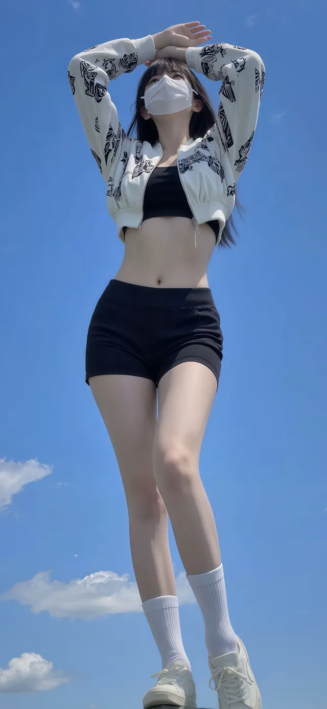 蓝天背景下戴口罩少女举手遮阳运动风穿搭手机壁纸
