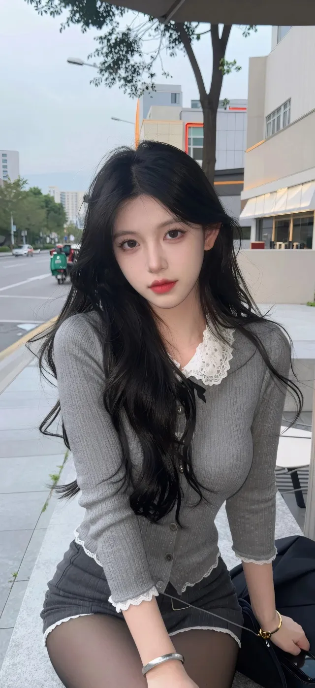 美女穿灰色蕾丝领针织衫坐街边长椅温柔人物摄影手机壁纸