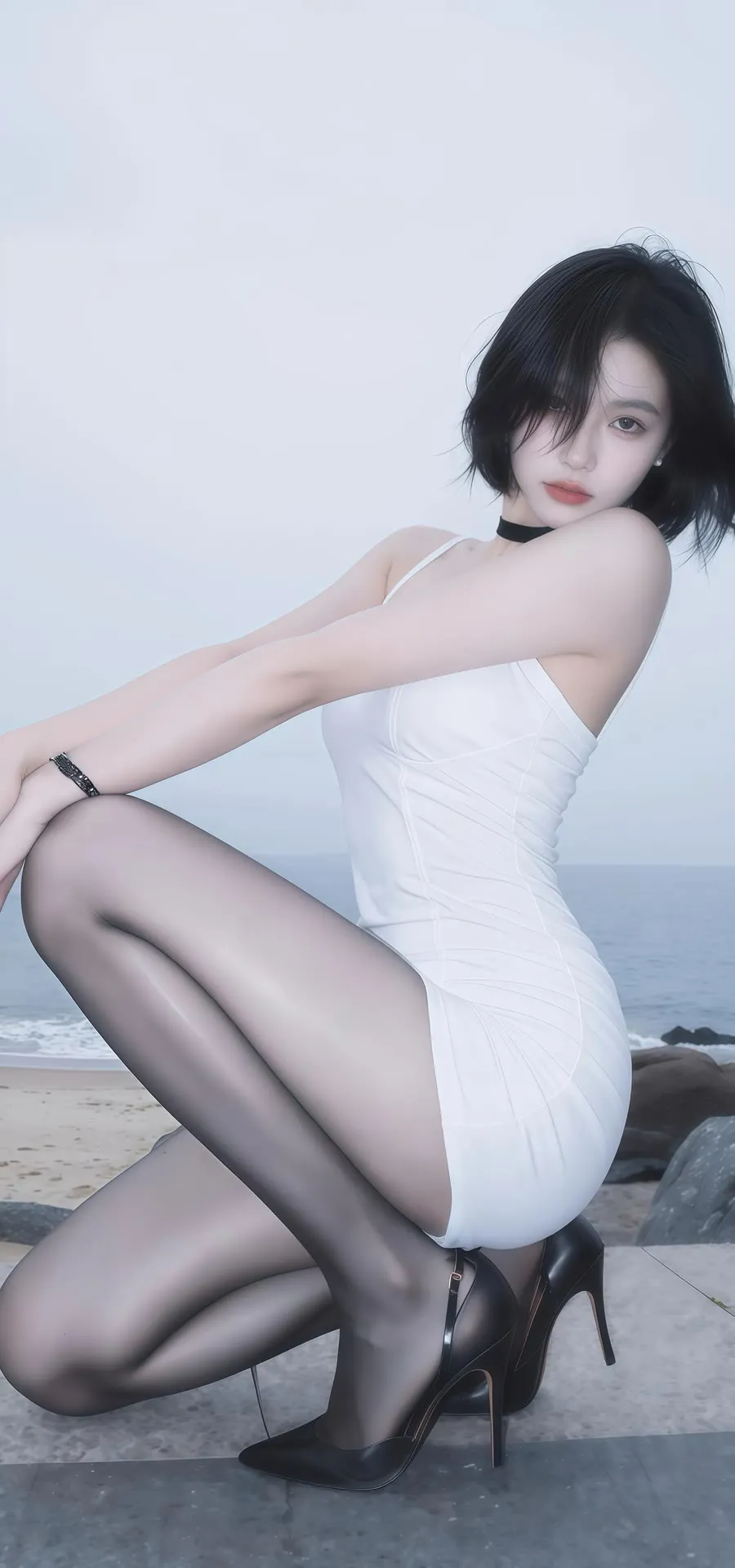 白裙黑丝美女海边蹲姿写真手机壁纸