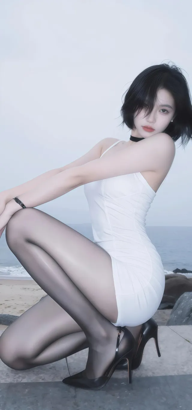 白裙黑丝美女海边蹲姿写真手机壁纸