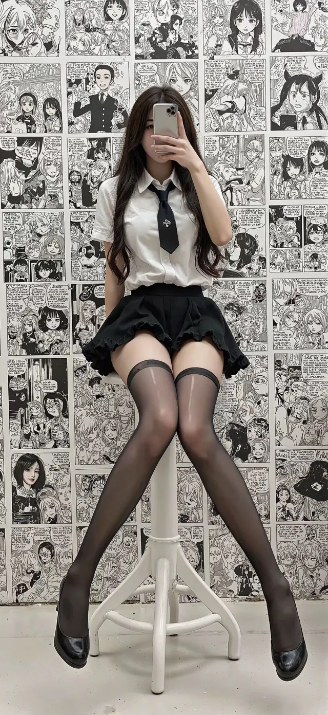黑白漫画墙前女学生自拍手机壁纸