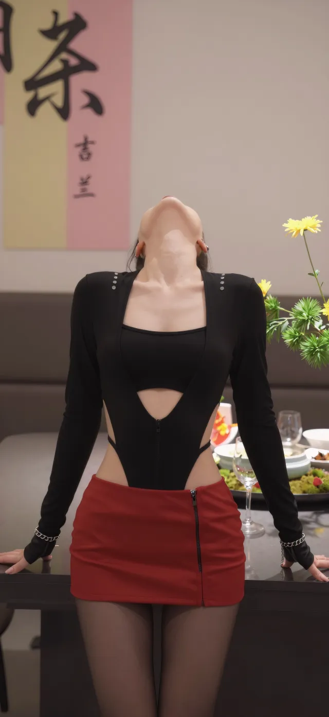 美女穿黑色镂空上衣红色短裙仰头摄影手机壁纸