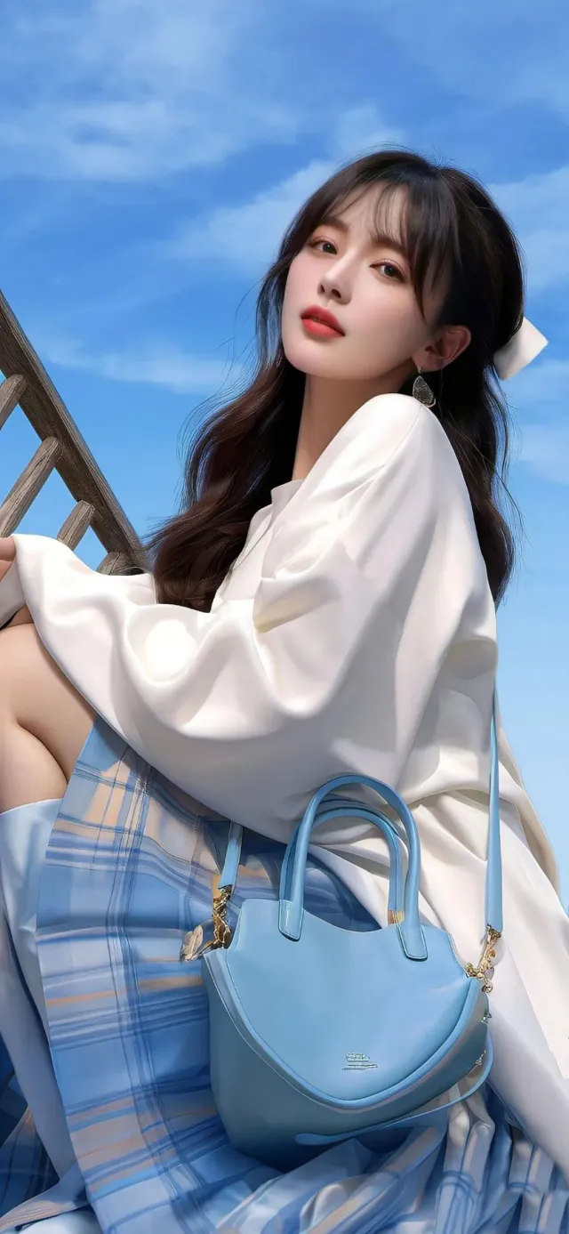 蓝白格裙白衣少女时尚手机壁纸