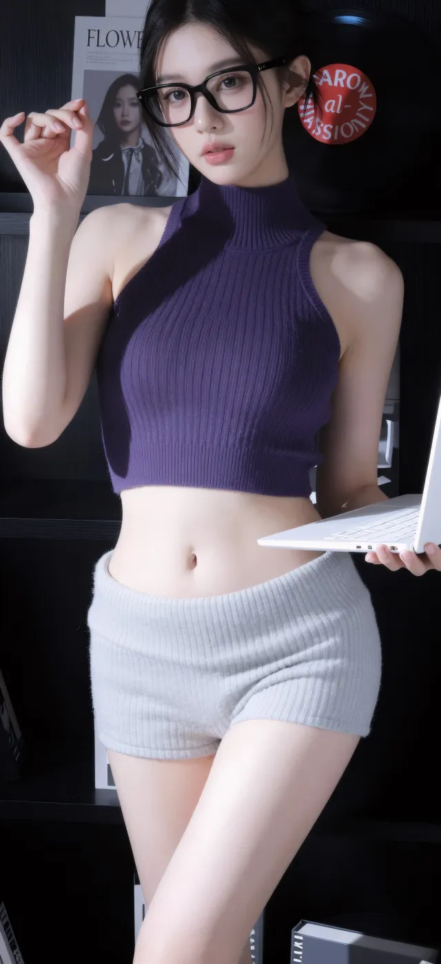 室内美女穿紫色针织衫拿电脑时尚人物摄影手机壁纸