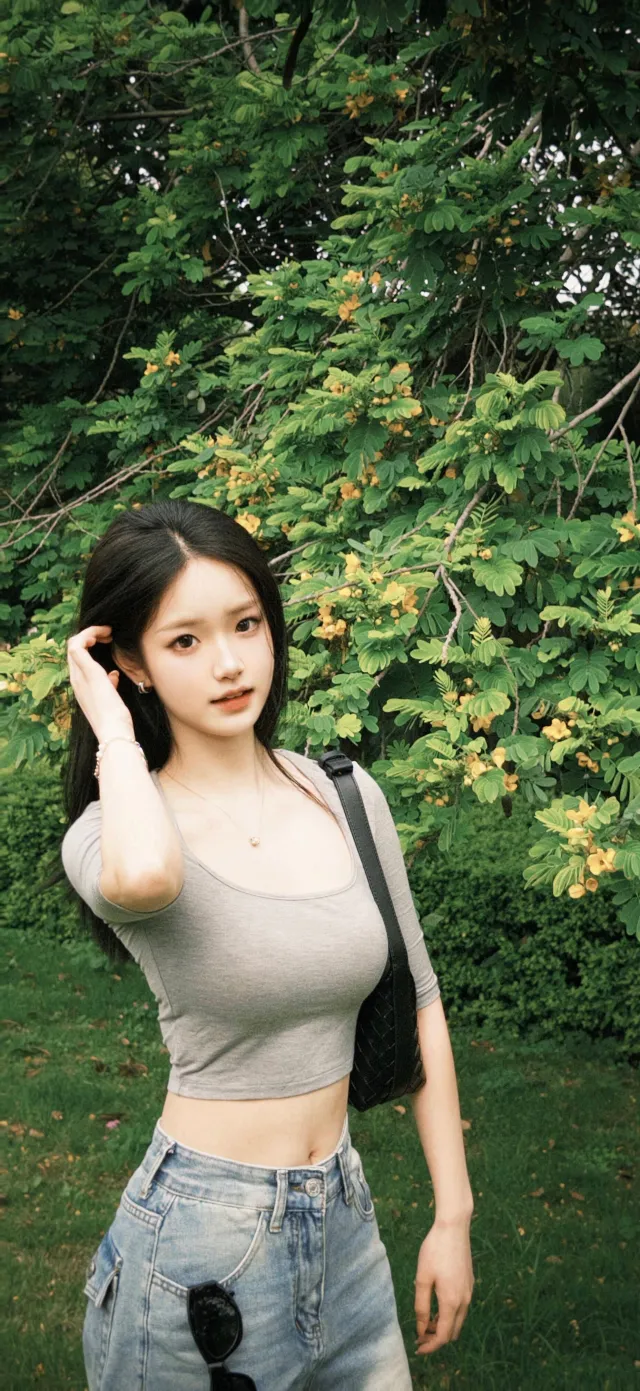 公园灰上衣牛仔美女阳光下清新人像手机壁纸
