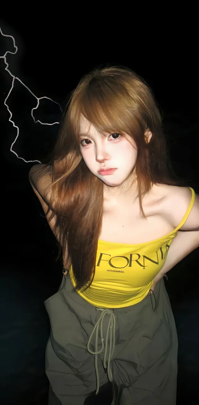 黄吊带夜景近拍萌系美女手机壁纸