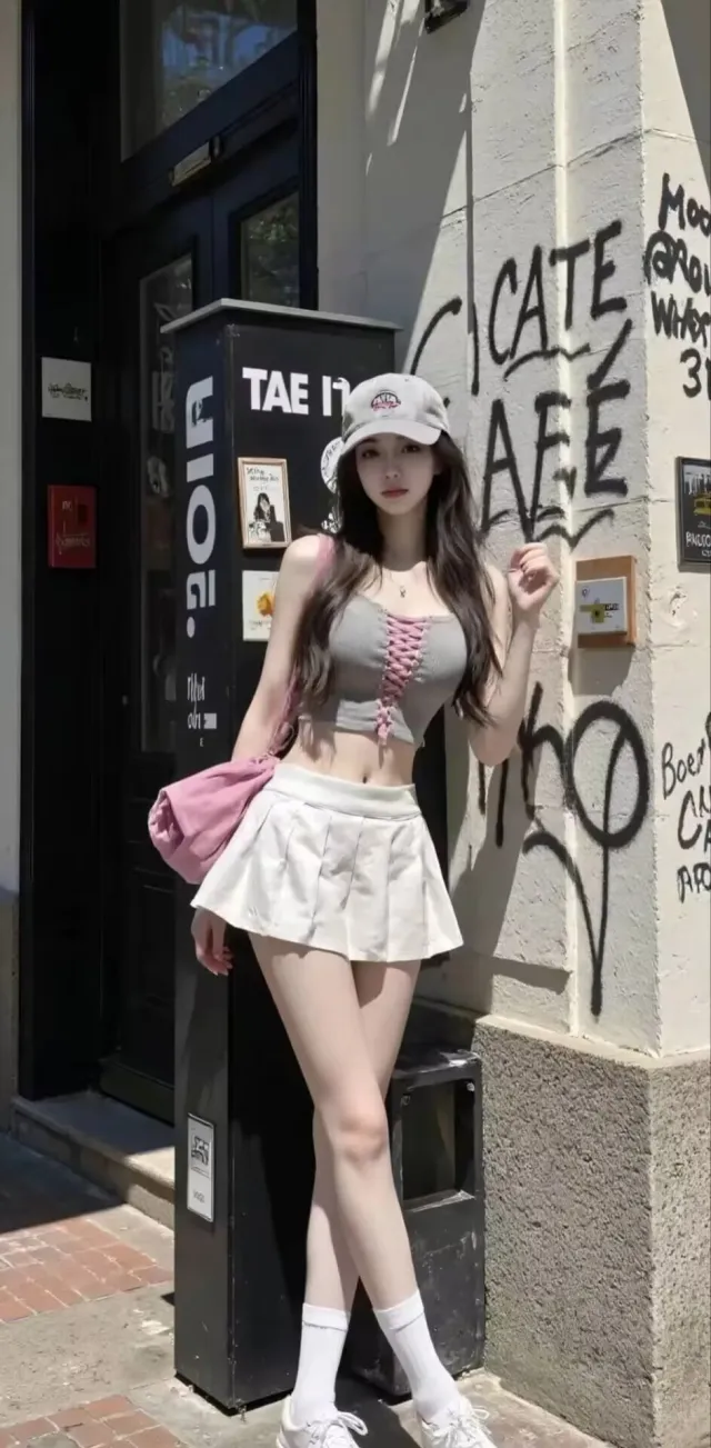 美女灰粉上衣白短裙街头站姿手机壁纸