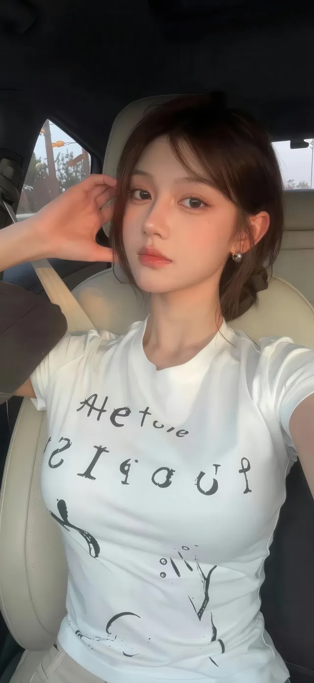 白衣美女车内自拍温柔日常人像摄影手机壁纸