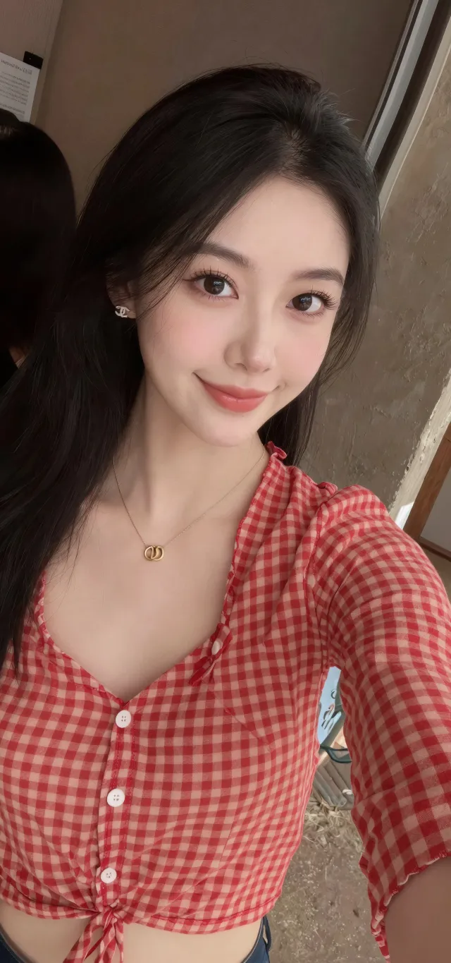 红格子V领美女精致妆浅背自拍美女手机壁纸
