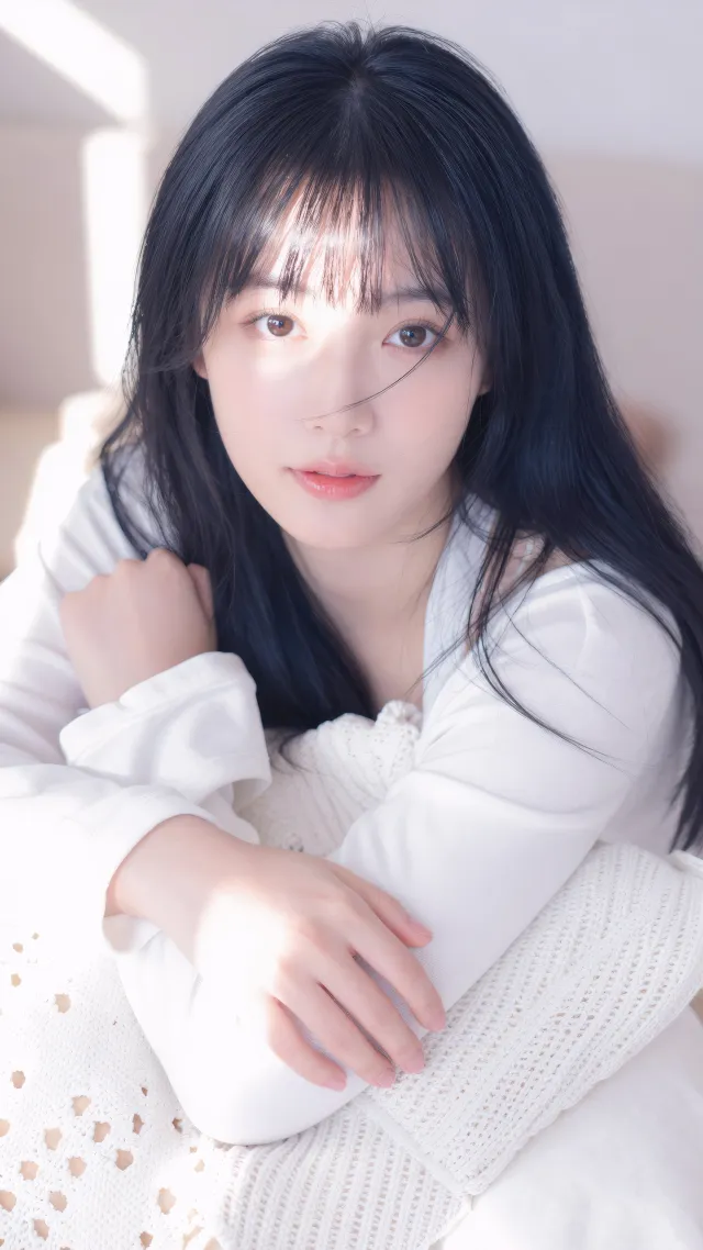 白衣长发美女室内光影清新人物摄影手机壁纸