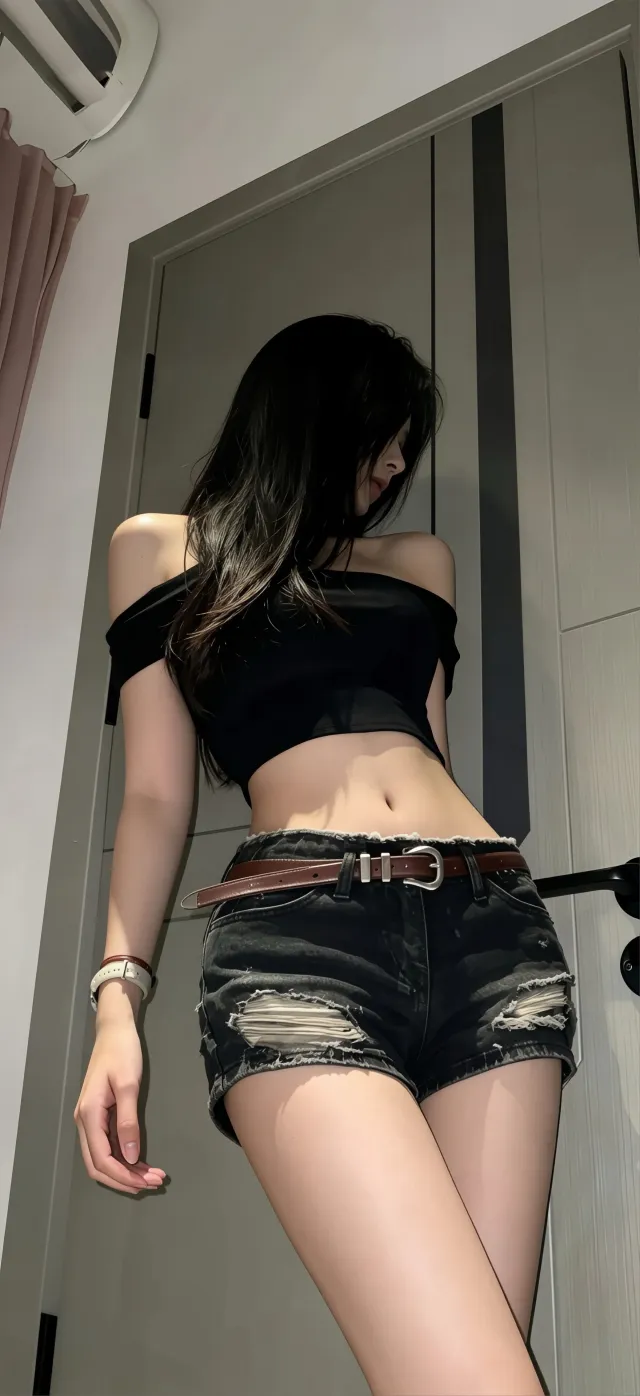 黑露肩短上衣热裤长发街拍美女手机壁纸