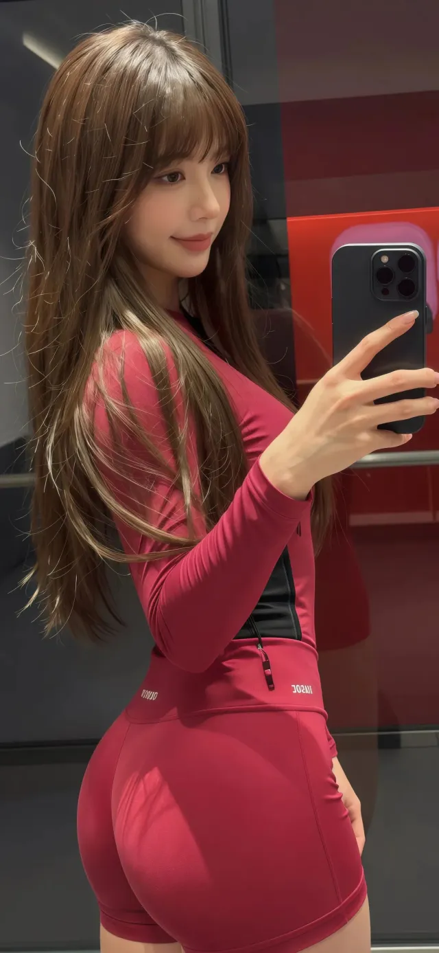 玫红运动装美女对镜自拍活力健身人物摄影手机壁纸