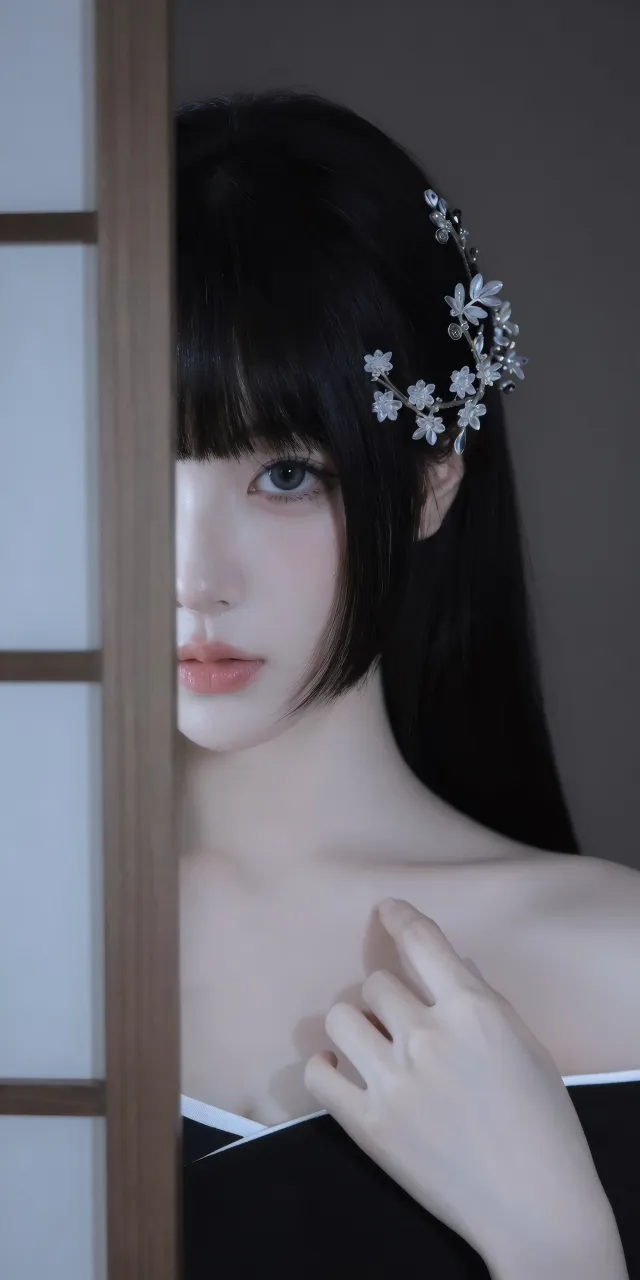 黑发银花发饰美女半遮面古风侧颜人物摄影手机壁纸