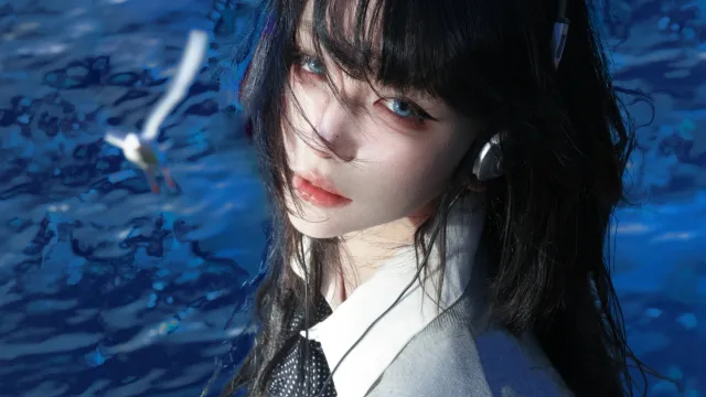 美女海边蓝调情绪写真人物电脑壁纸