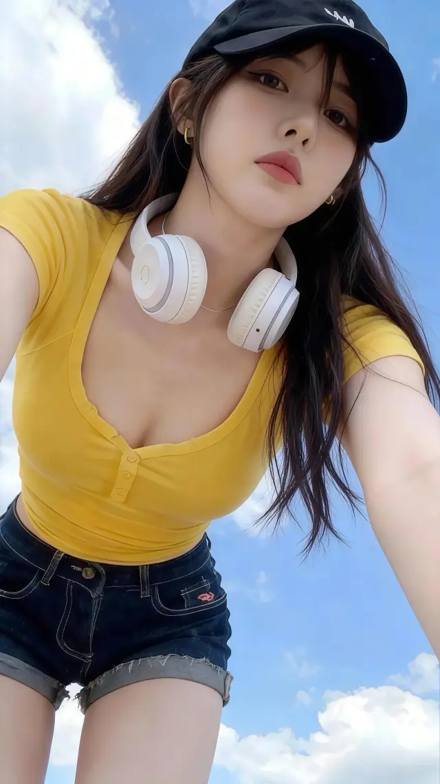 美女黄上衣牛仔短裤耳机时尚人像手机壁纸