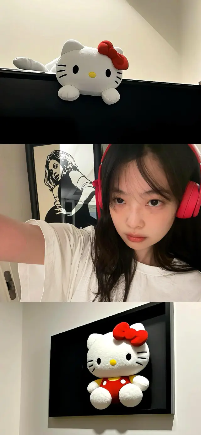 金智妮戴红色耳机室内自拍人物摄影手机壁纸