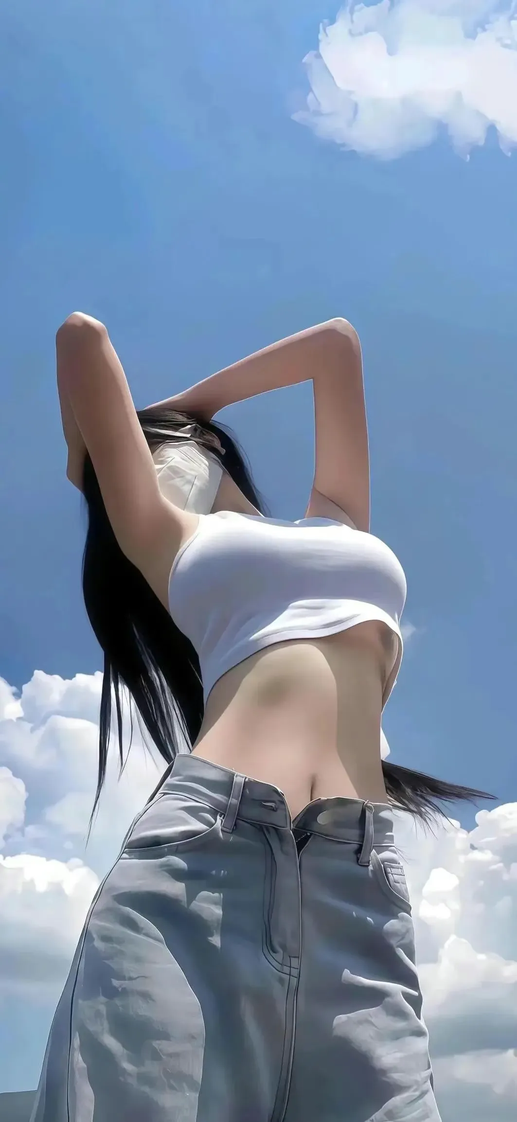 黑长直少女蓝天白云下伸展双臂手机壁纸